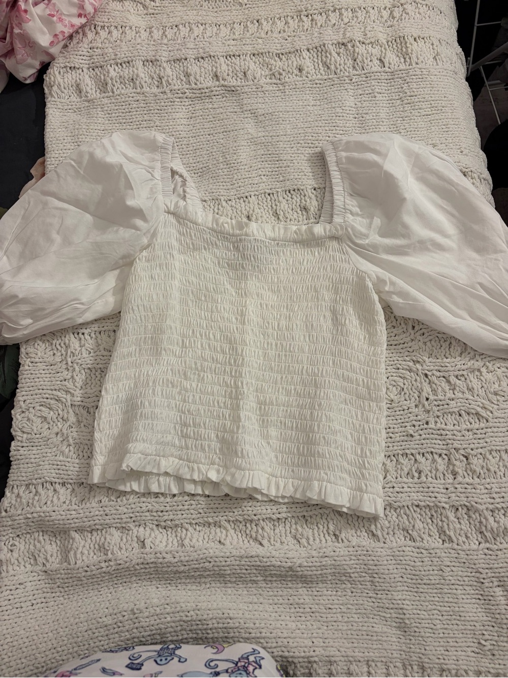 LOFT White Smocked Square-Neck Puff-Sleeve Top